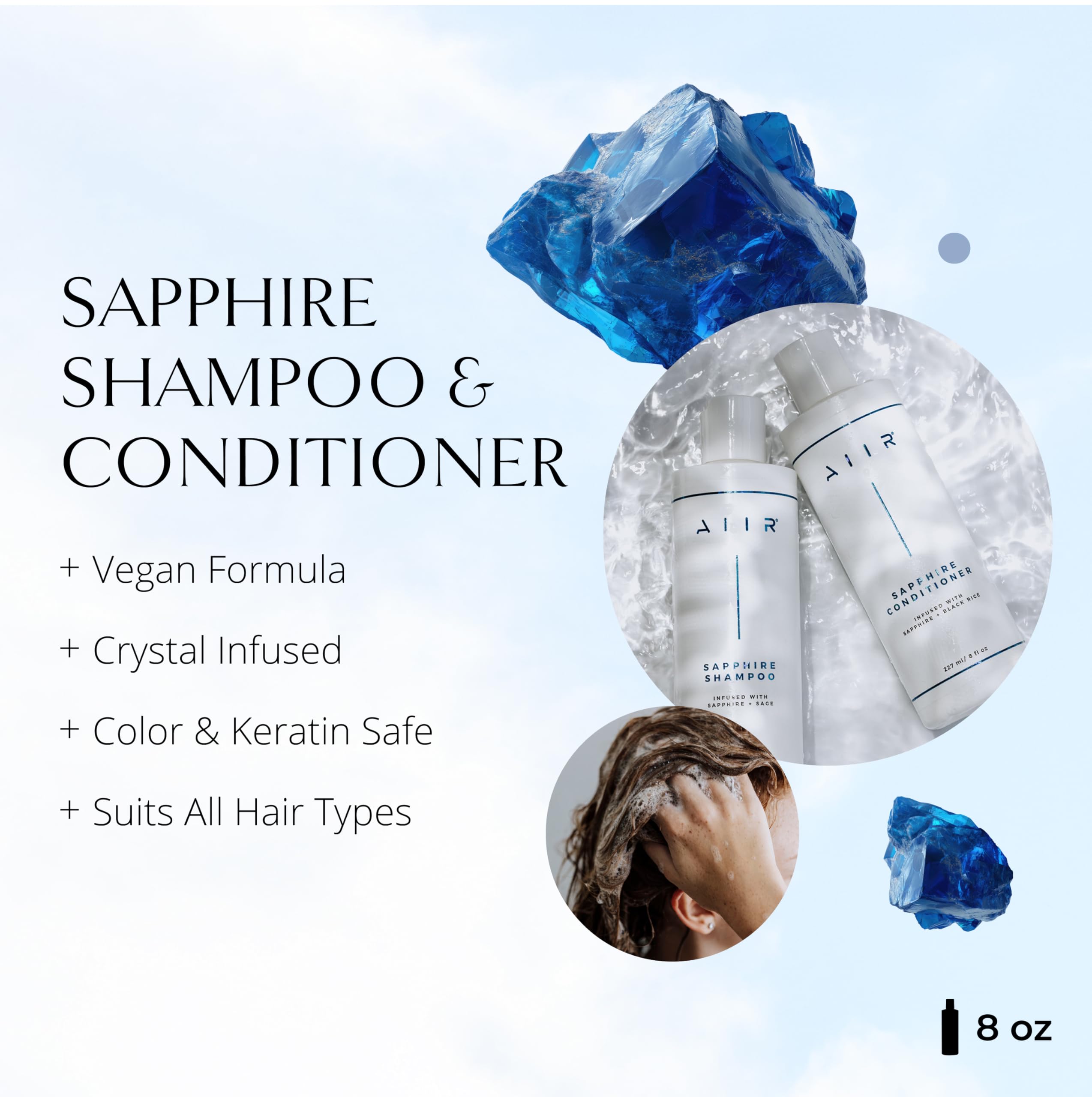 AIIR Sapphire conditioner bottle pour for frizz control and detangling.