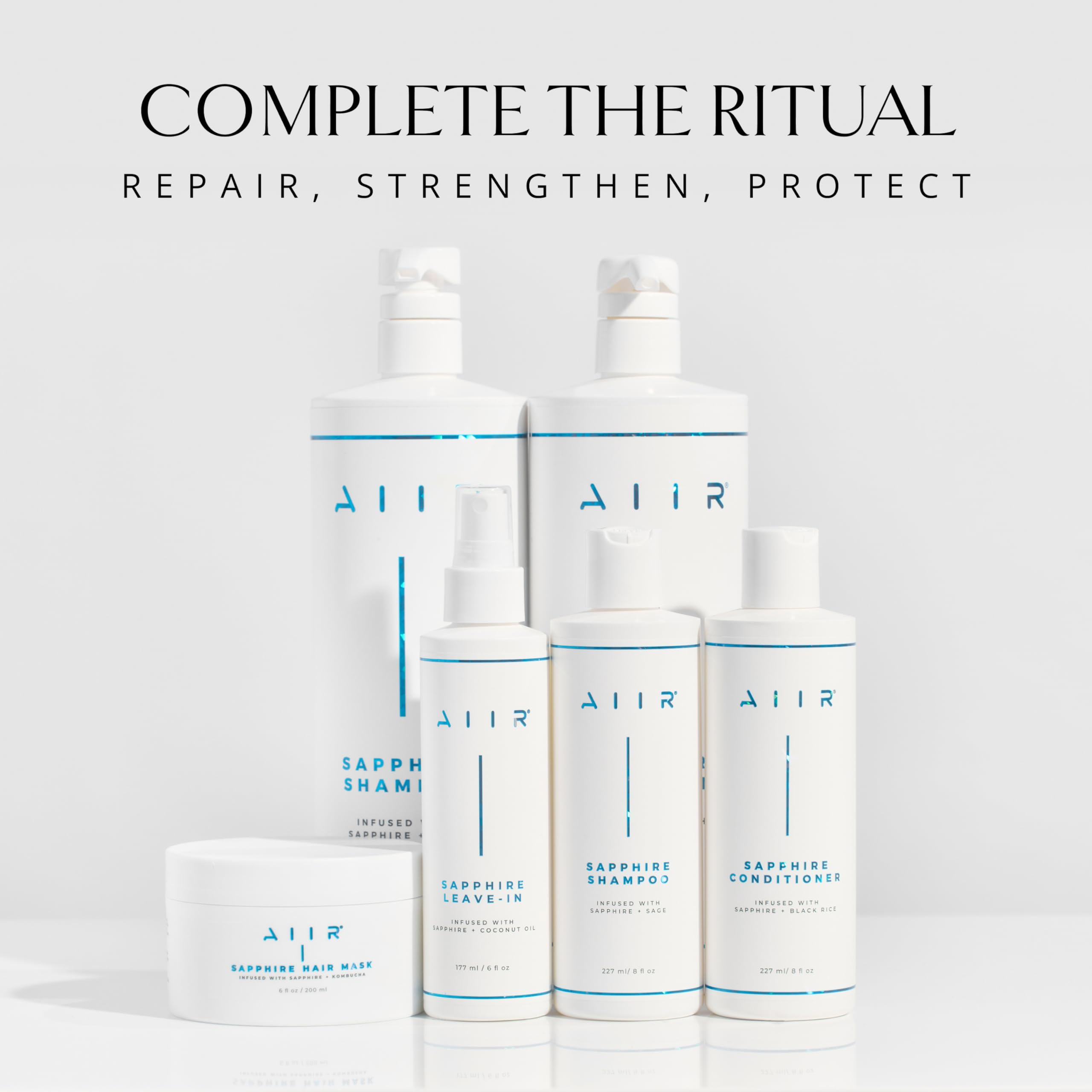 AIIR Sapphire Shampoo bathroom setup paired with conditioner for a complete ritual.