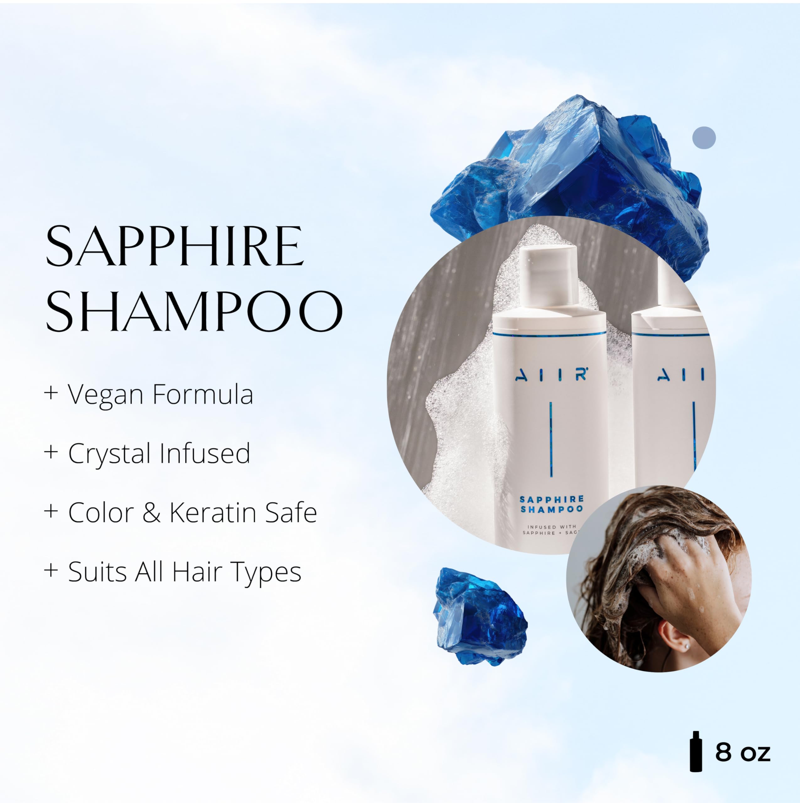 AIIR Sapphire Shampoo bottle pour demonstrates easy dispensing for everyday cleansing.