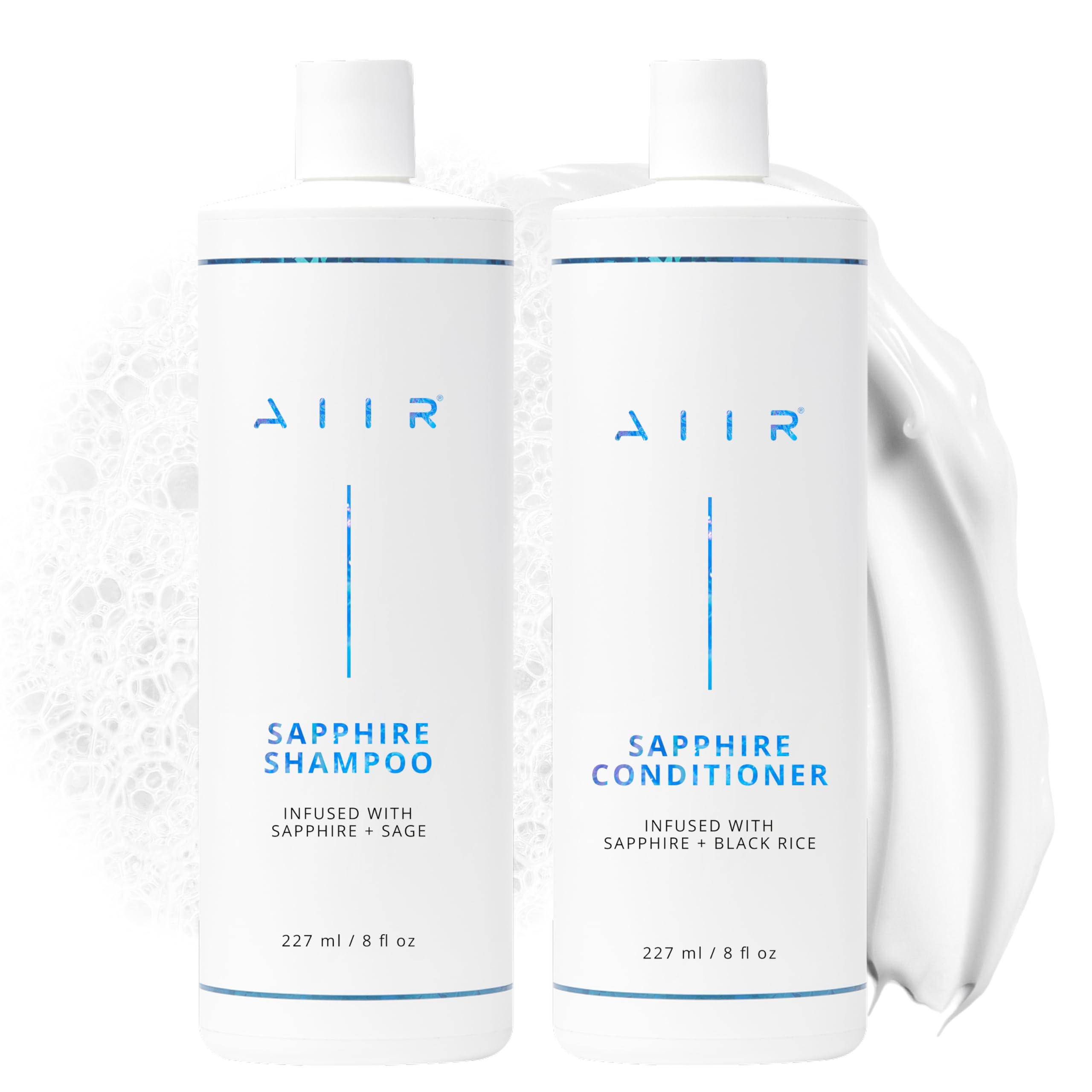 AIIR Sapphire shampoo bottle pour for shiny, balanced scalp.