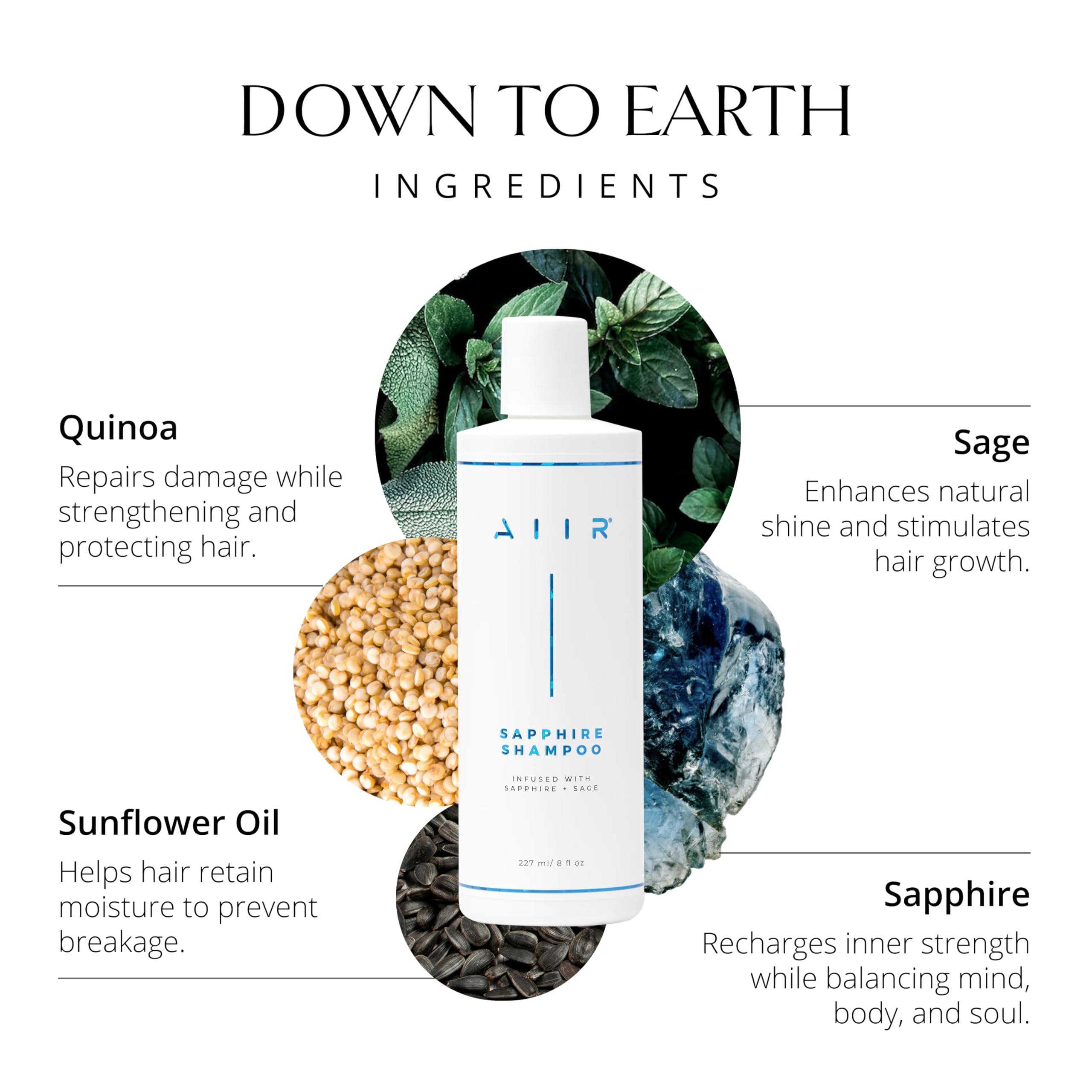 AIIR Sapphire Shampoo label shows sapphire crystal accent and vegan formula.