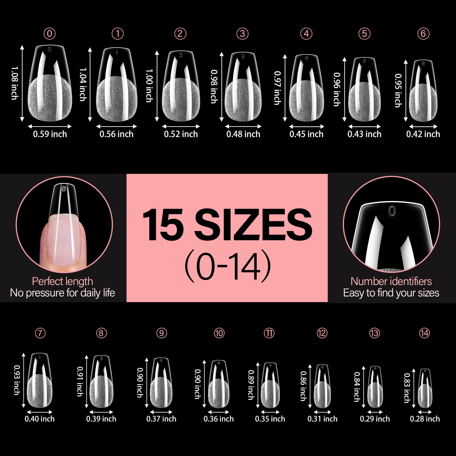 AILLSA fifteen sizes nail tips ensuring precise fit for most natural nails