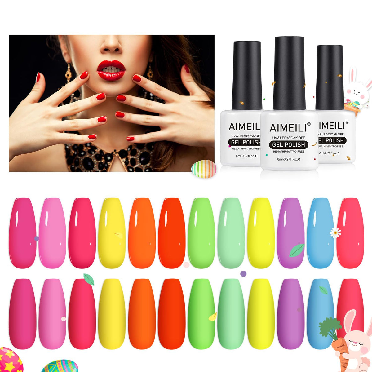 AIMEILI Hema Free gel nail polish set, front view, vibrant spring colors.