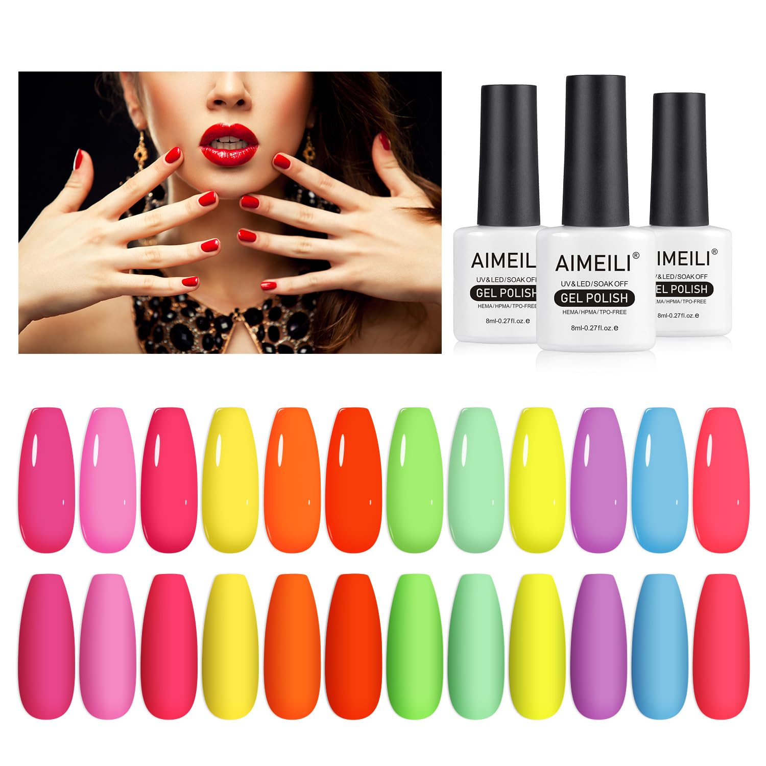 AIMEILI neon yellow-green polish bottle, sunny vibe for festivals.