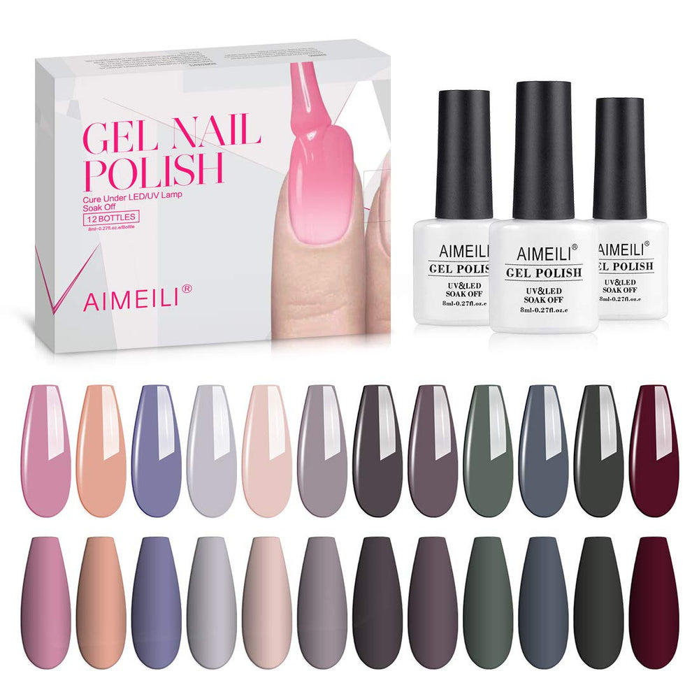 AIMEILI neutral gel polish kit swatches showing all 12 shades for versatile manicures