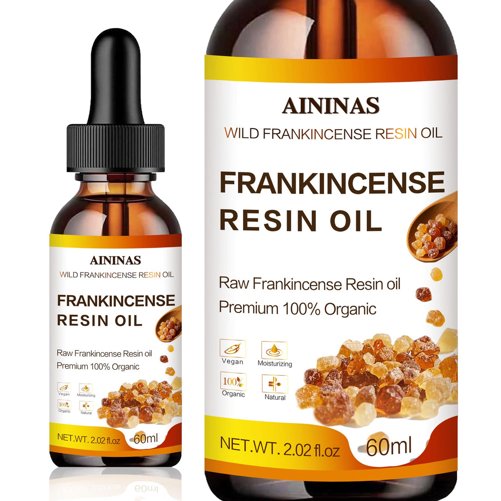 AININAS Frankincense Resin Oil bottle close-up for calming skincare on sensitive skin