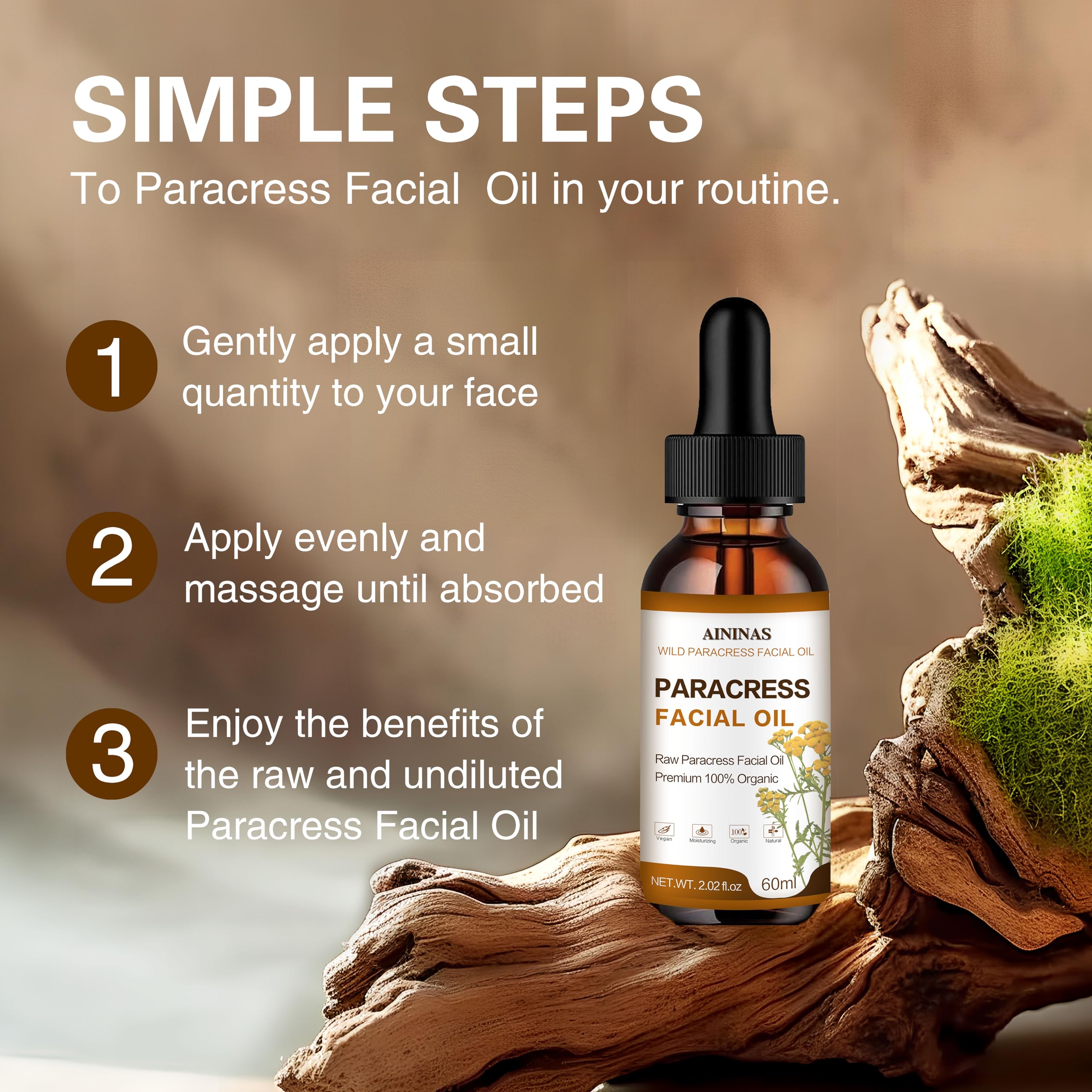 AIninas Paracress product label highlights 100% organic ingredients