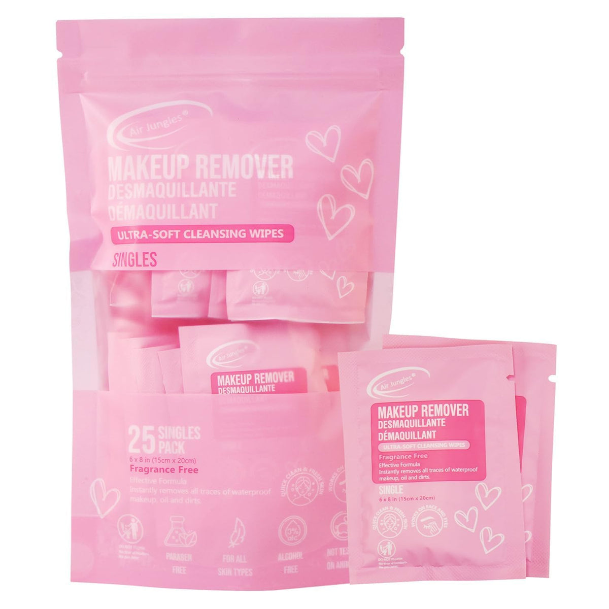Air Jungles makeup remover wipes individually wrapped for travel, gentle cleansing on the go.