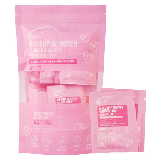 Air Jungles makeup remover wipes individually wrapped for travel, gentle cleansing on the go.