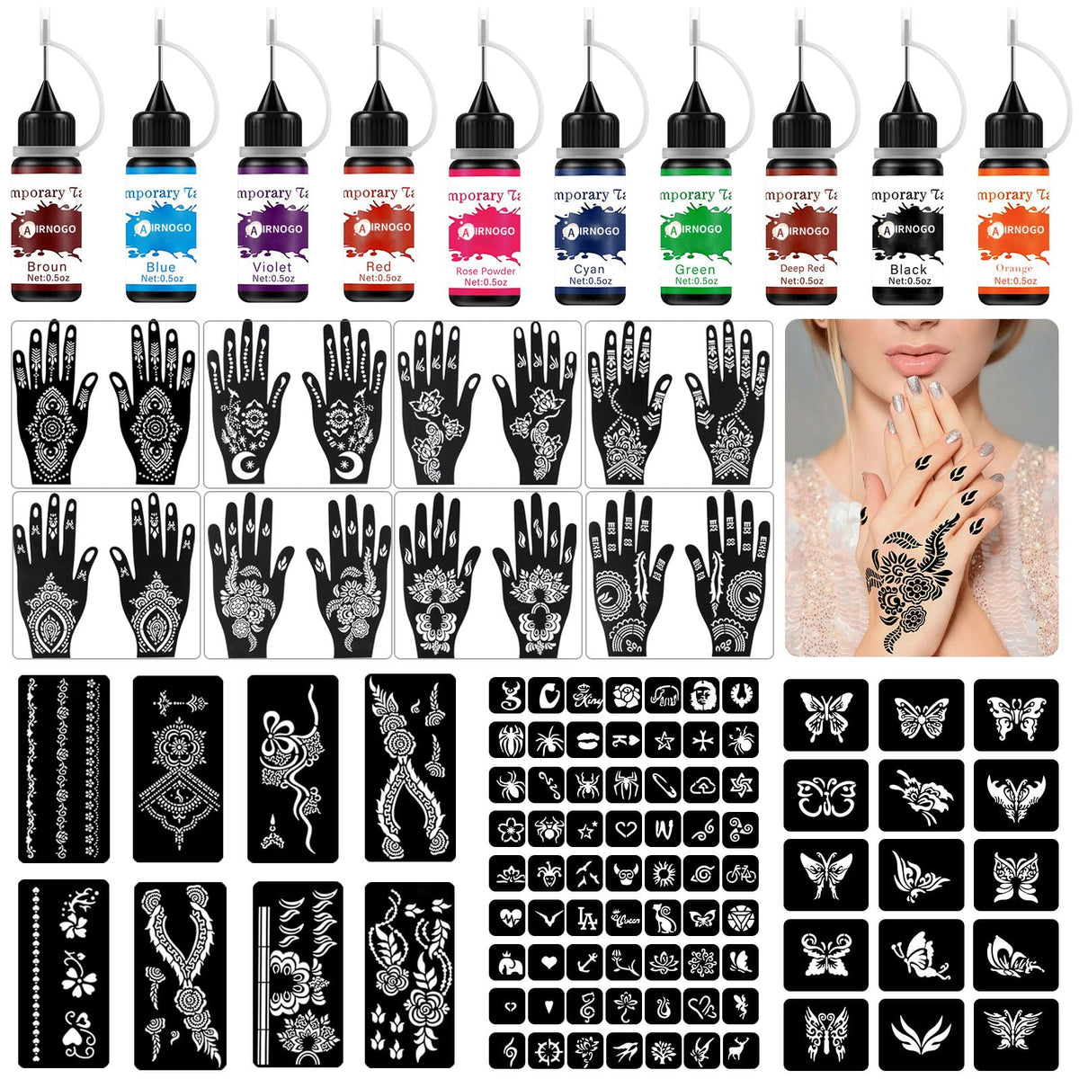 AirNOGO ink colors showcase vibrant, skin-friendly pigments for bold temporary tattoos.