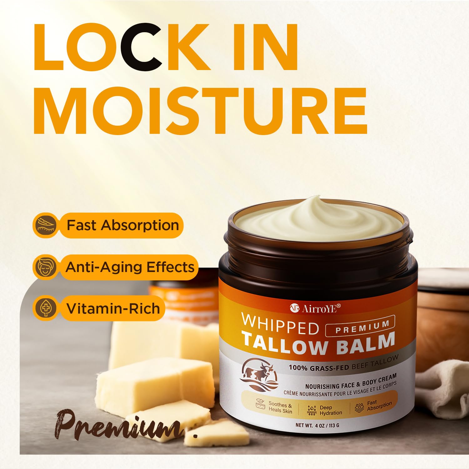 AirroYE whipped tallow texture close-up shows creamy hydration.