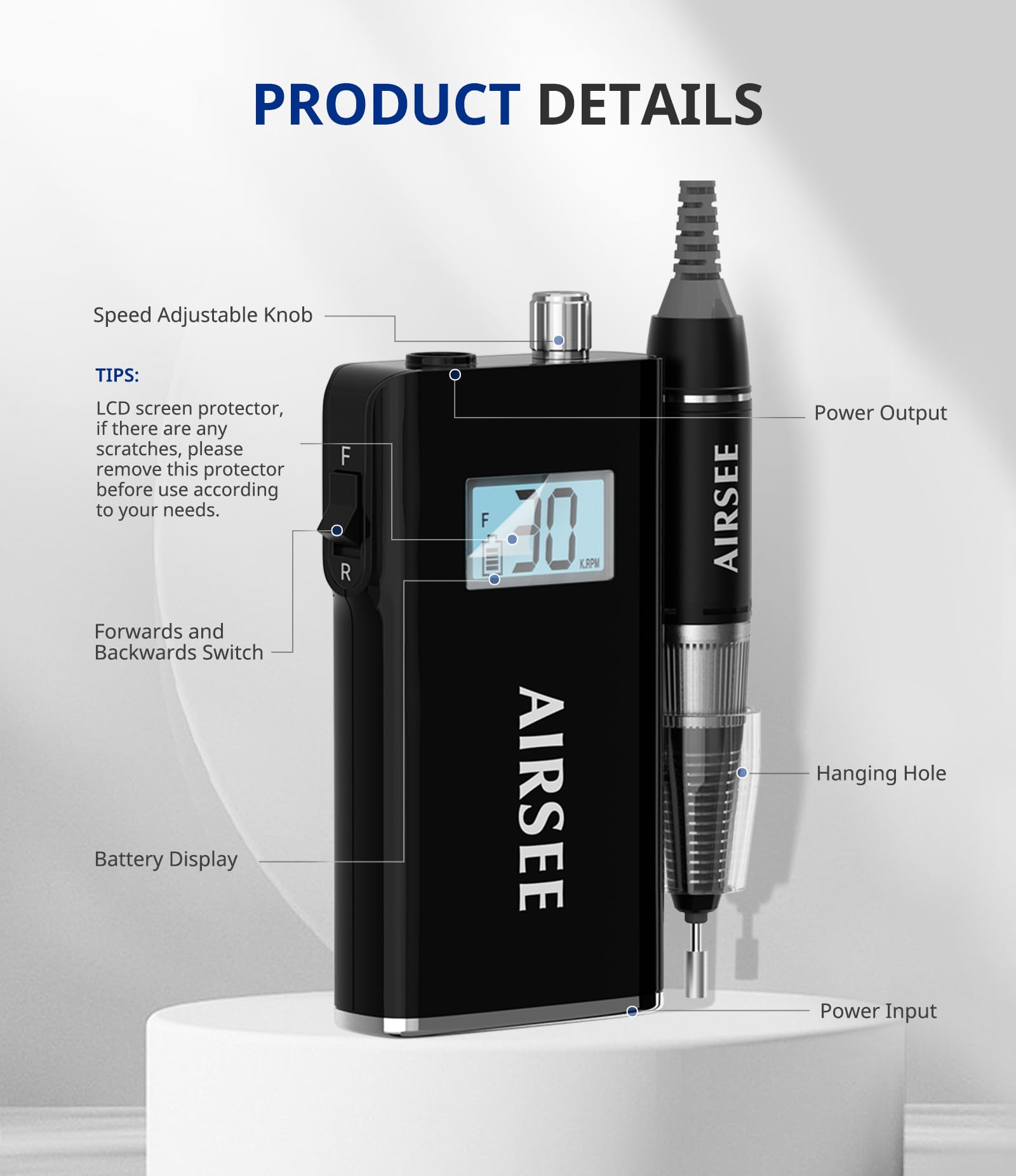 AirSee E8 nail drill side view highlighting ergonomic handpiece design