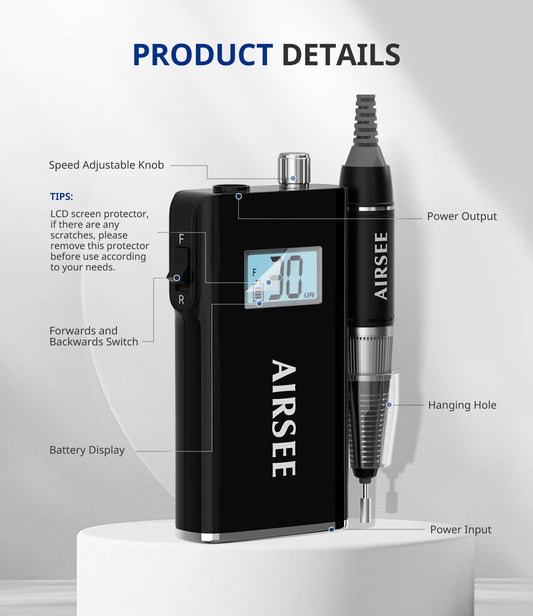 AirSee E8 nail drill side view highlighting ergonomic handpiece design
