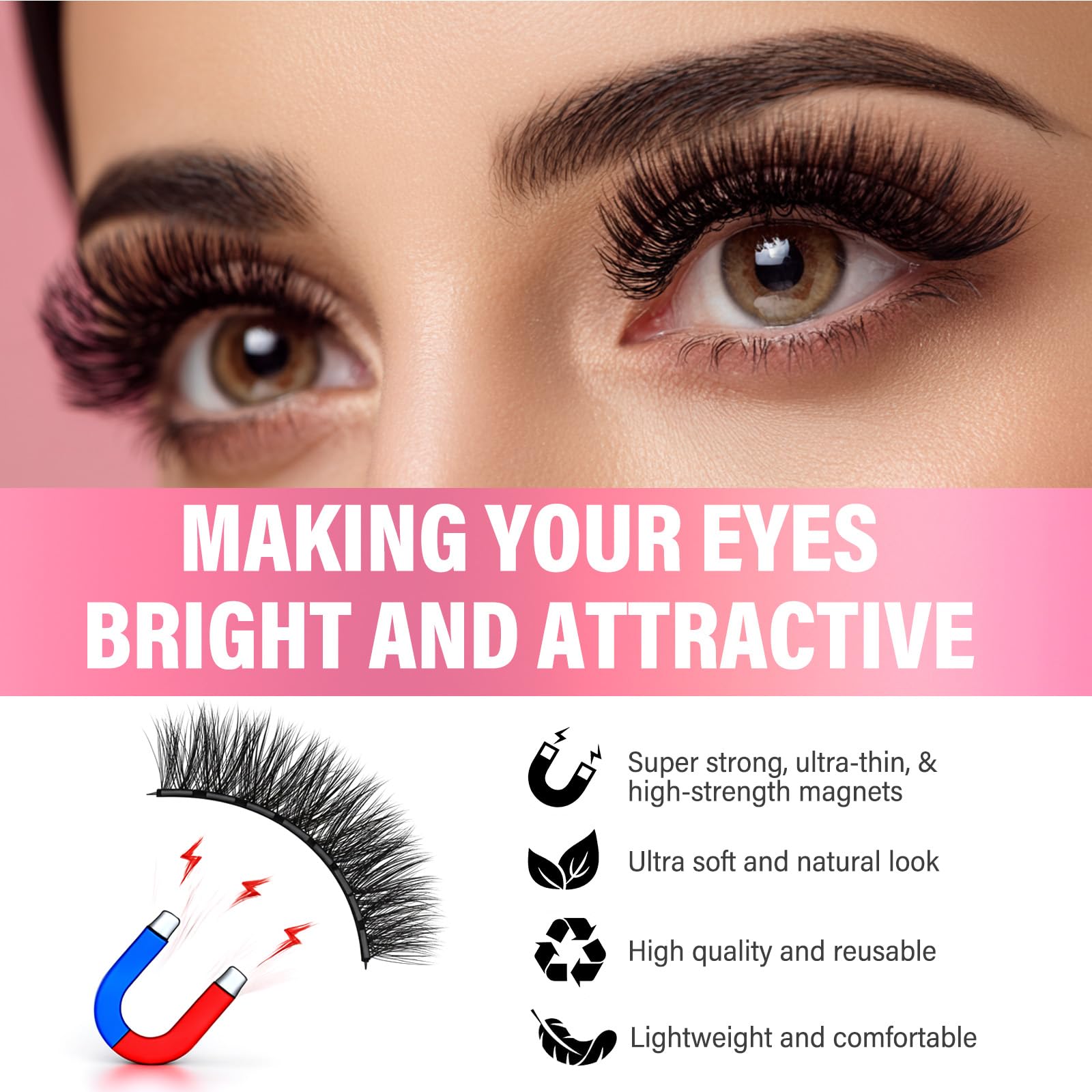 AiRunTech magnetic eyelashes close-up reveals a natural 3D look.