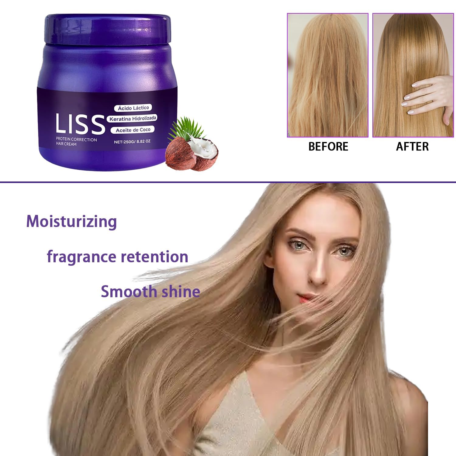 Aiwejay Liss Alisado silky result highlights shiny, manageable hair.