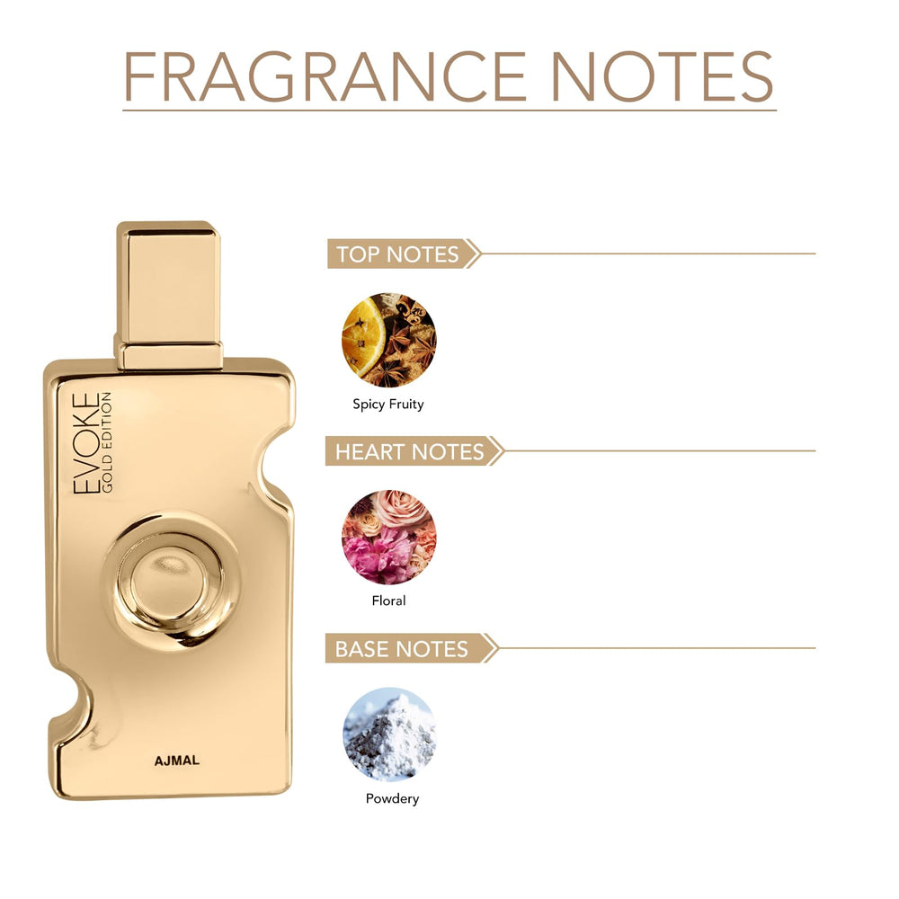 Ajmal Evoke Gold bottle close-up with luxurious gold accents and elegant design.