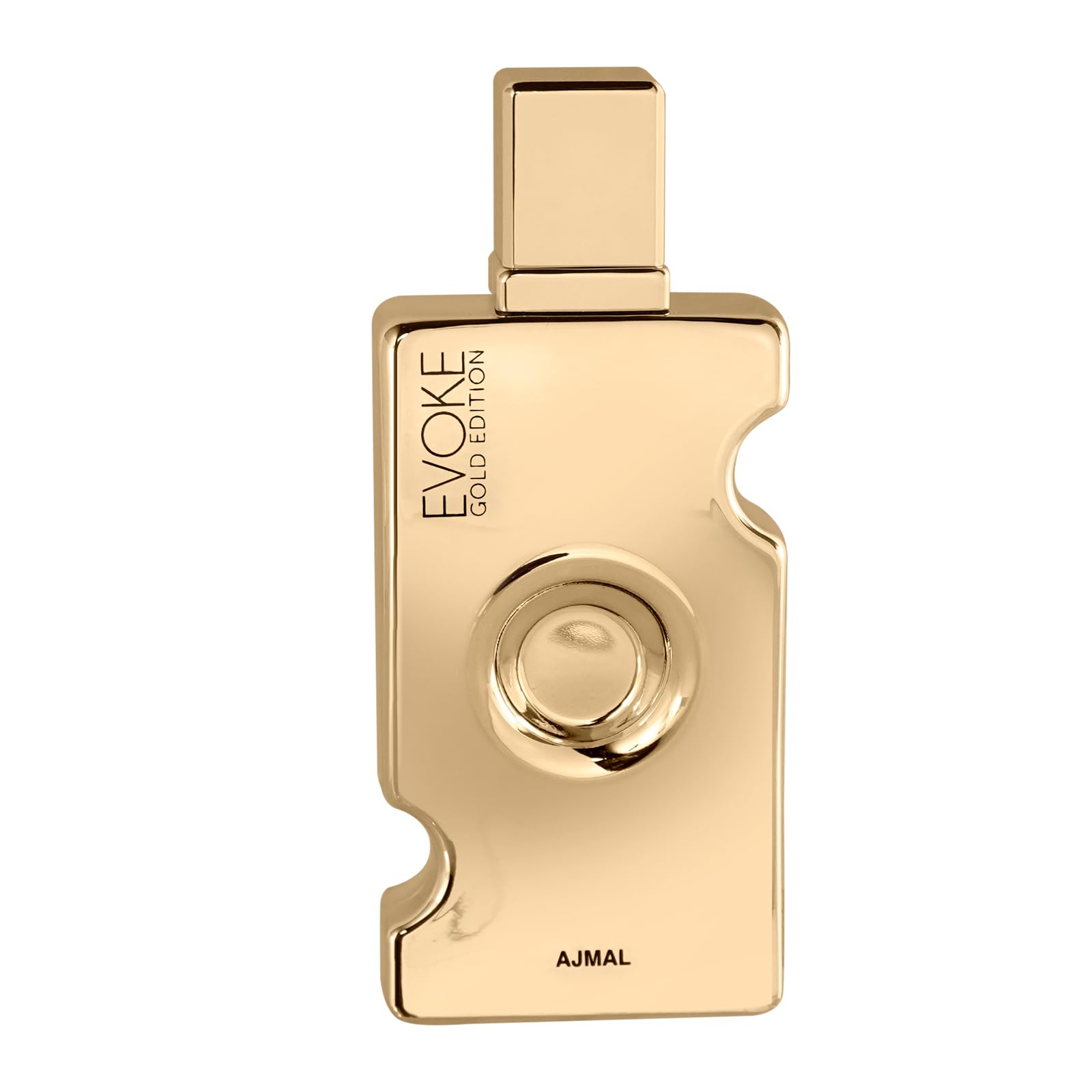 Ajmal Evoke Gold bottle front, refined floral woody musk fragrance for everyday wear.