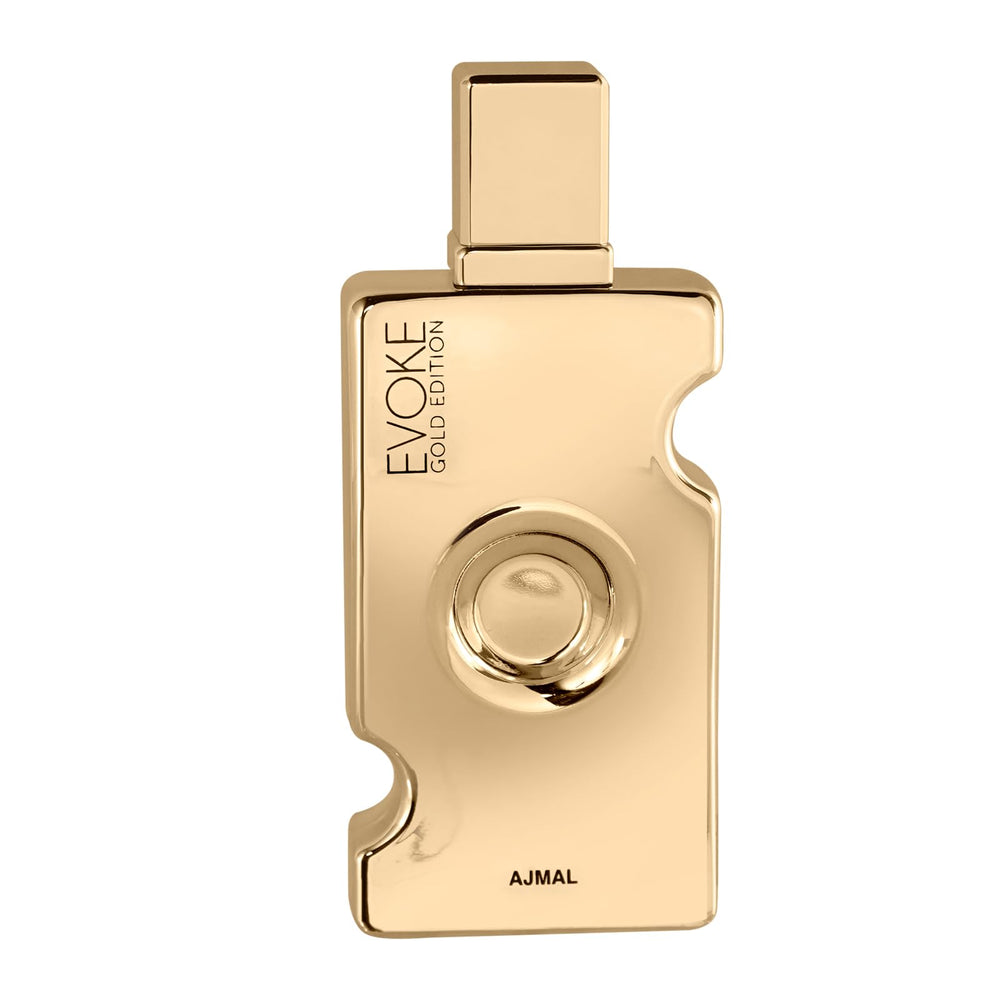 Ajmal Evoke Gold bottle front, refined floral woody musk fragrance for everyday wear.