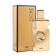 Ajmal Evoke Gold fragrance spray application suggesting long-lasting scent trail.