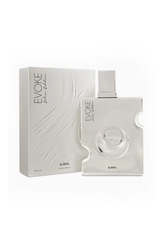 Ajmal Evoke Silver Edition Him EDP cap closeup highlighting premium finish for gifting.