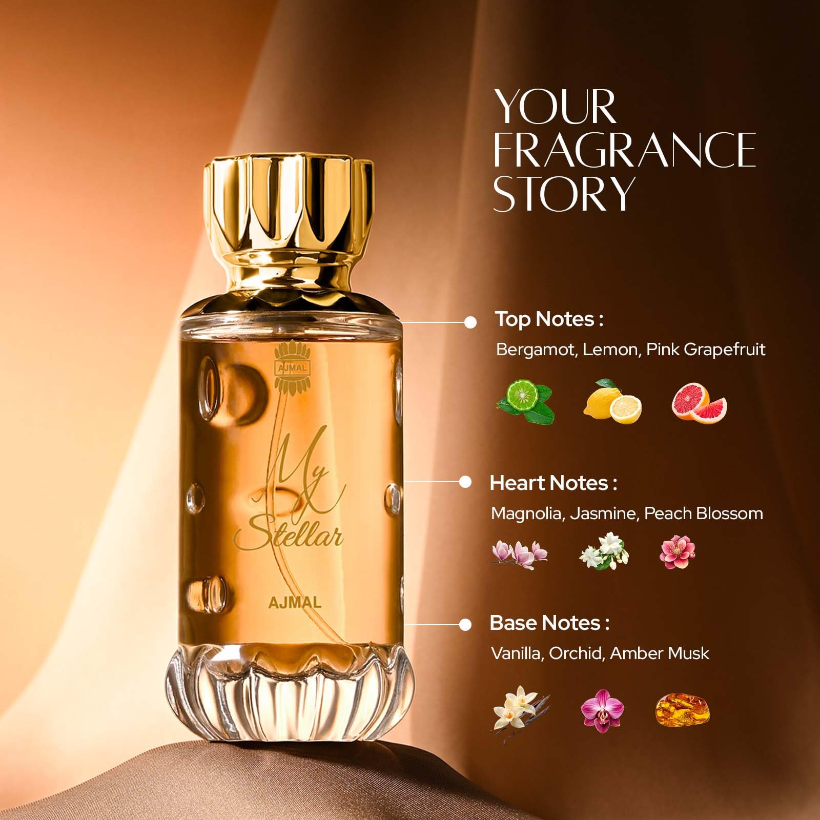 Ajmal My Stellar glass bottle reflection conveys sophistication for date nights