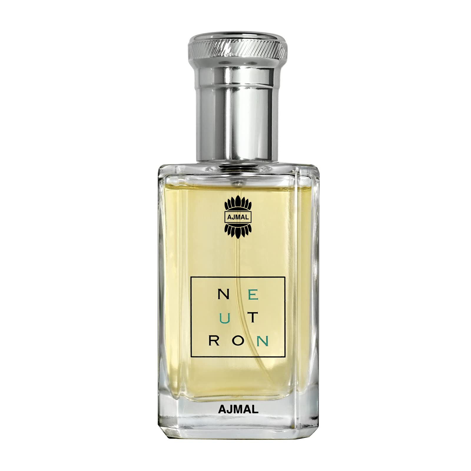 Ajmal Neutron bottle front view shows fresh fruity-musk notes for daily wear.