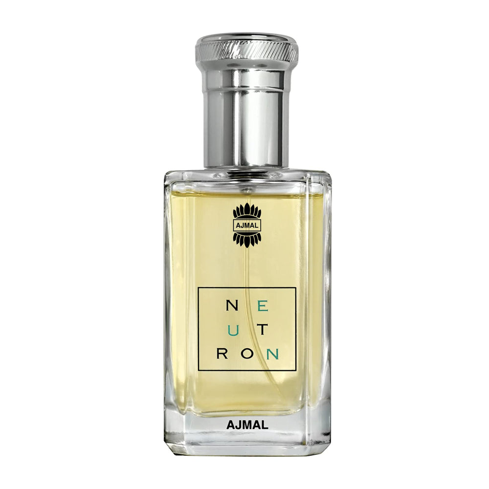 Ajmal Neutron bottle front view shows fresh fruity-musk notes for daily wear.