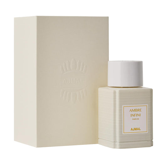 Ajmal Oud Marquis Ambre Infini bottle closeup highlighting amber-woody depth and spice.