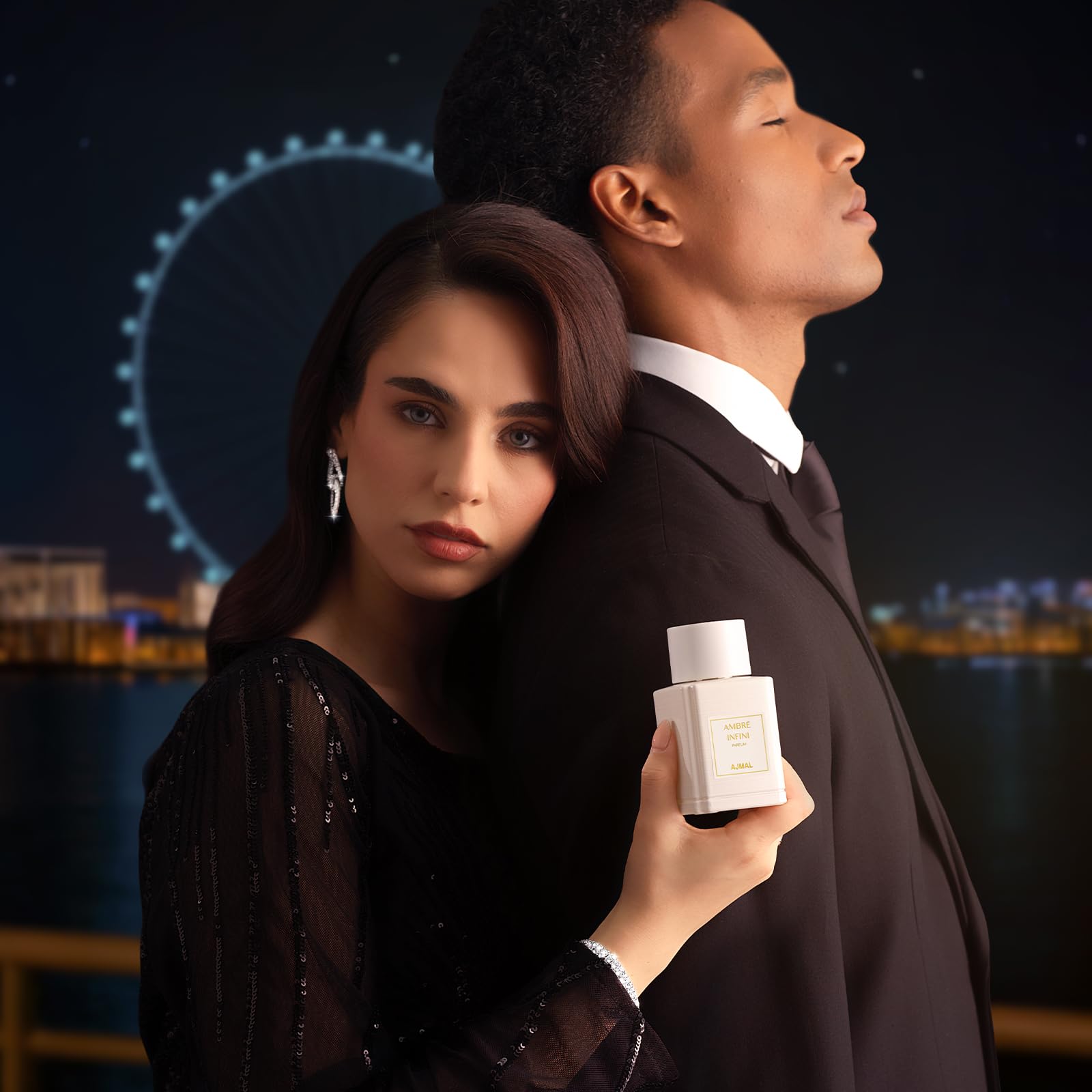 Ajmal Oud Marquis Ambre Infini spice depth imagery, complex evening notes.