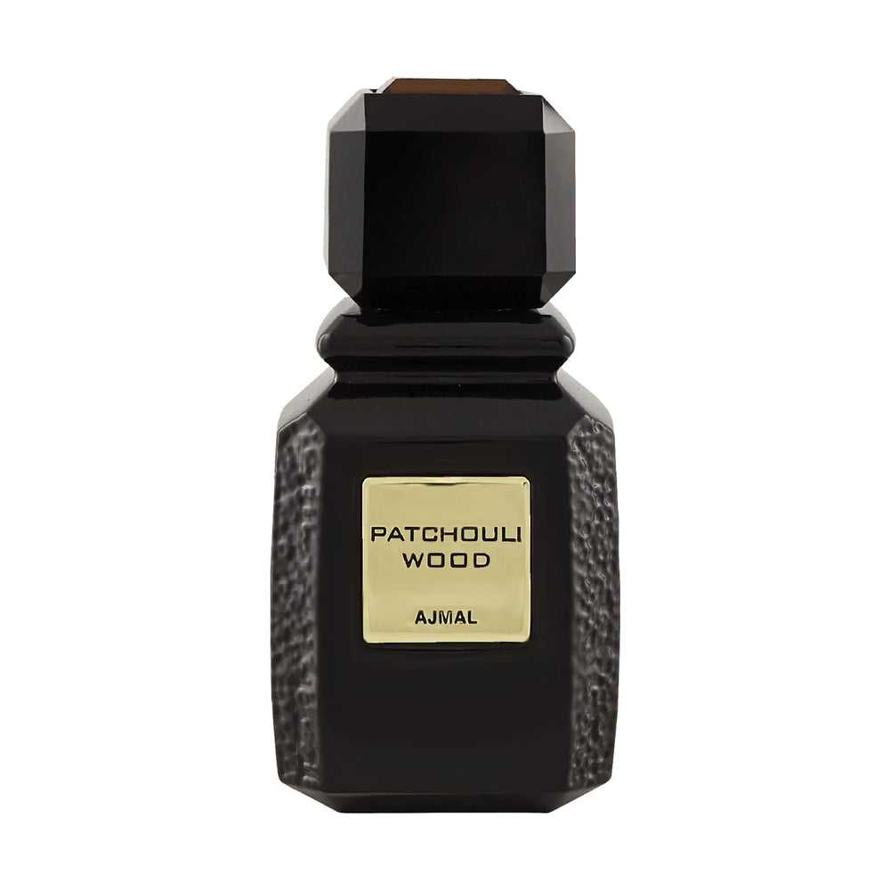 Ajmal Patchouli Wood bottle front view with dark cap, premium design for confident everyday wear.