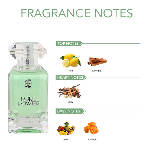 Ajmal Pure Power citrus opening with lemon and bergamot for a fresh start.