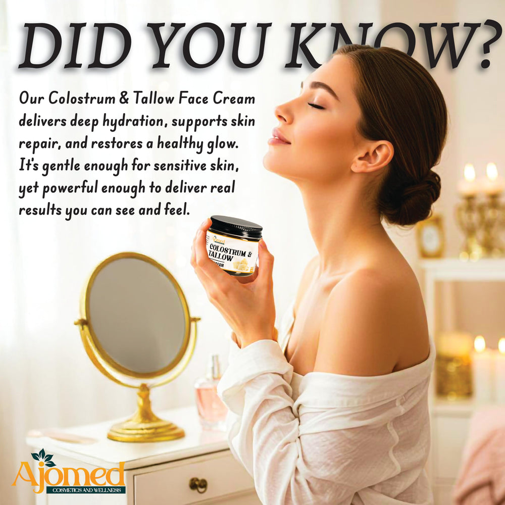 AJOMED COSMETICS close-up reveals rich texture ideal for nourishing daily layers.