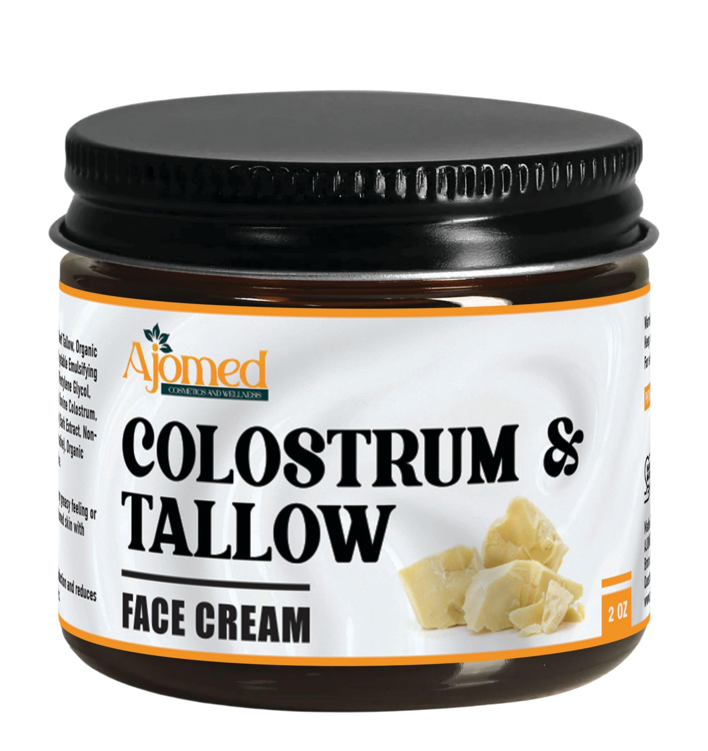 AJOMED COSMETICS Colostrum & Tallow Face Moisturizer jar delivers deep hydration for dry skin.
