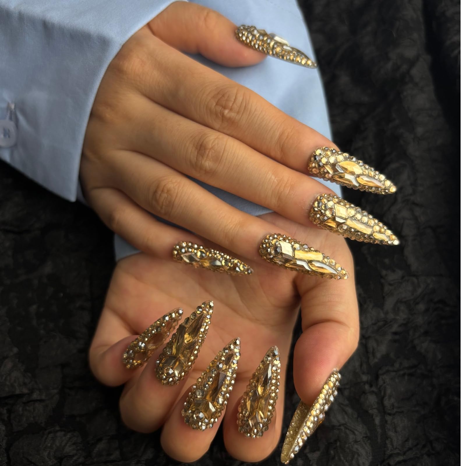 AKA Unicorn bling rhinestone acrylic nails featuring champagne stones for luxury sparkle at events