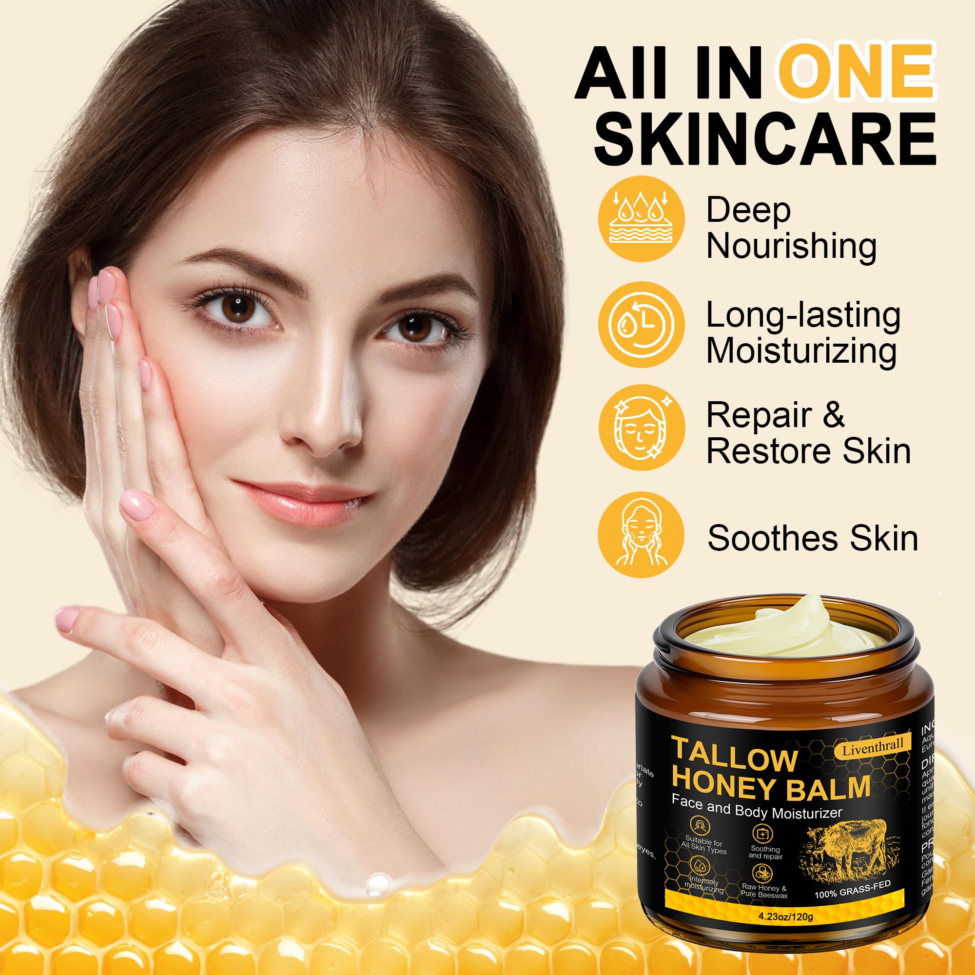 AKIICHI beef tallow honey balm cream texture shown as whipped, non-greasy moisturizer.