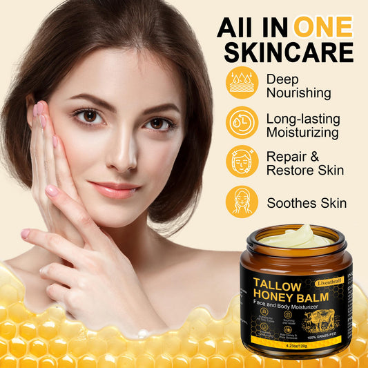 AKIICHI beef tallow honey balm cream texture shown as whipped, non-greasy moisturizer.