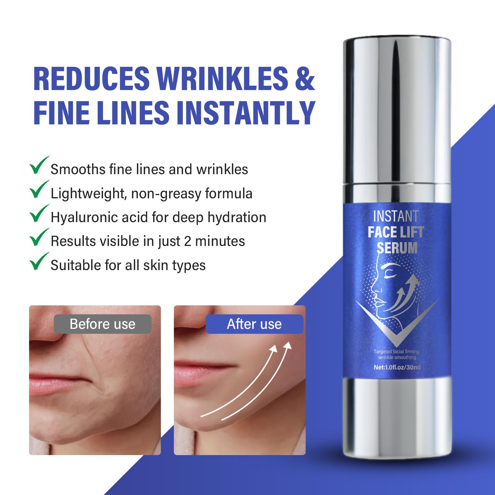 AKQBPN Instant Face Lift Serum application cheek illustrating targeted lifting and smoothing.