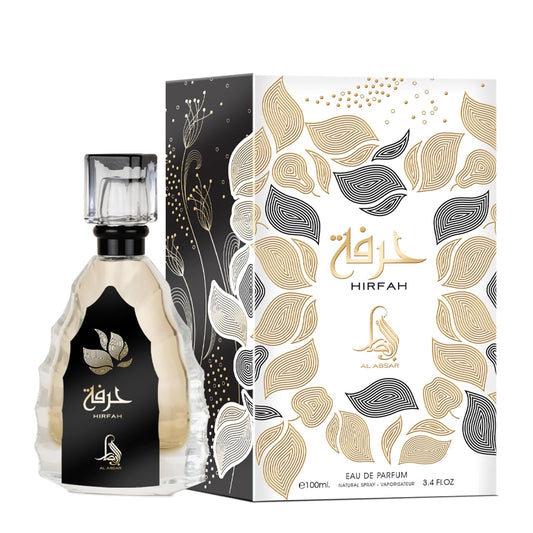 Al Absar Hirfah bottle front view showcases sleek black and gold styling for a sophisticated impression.