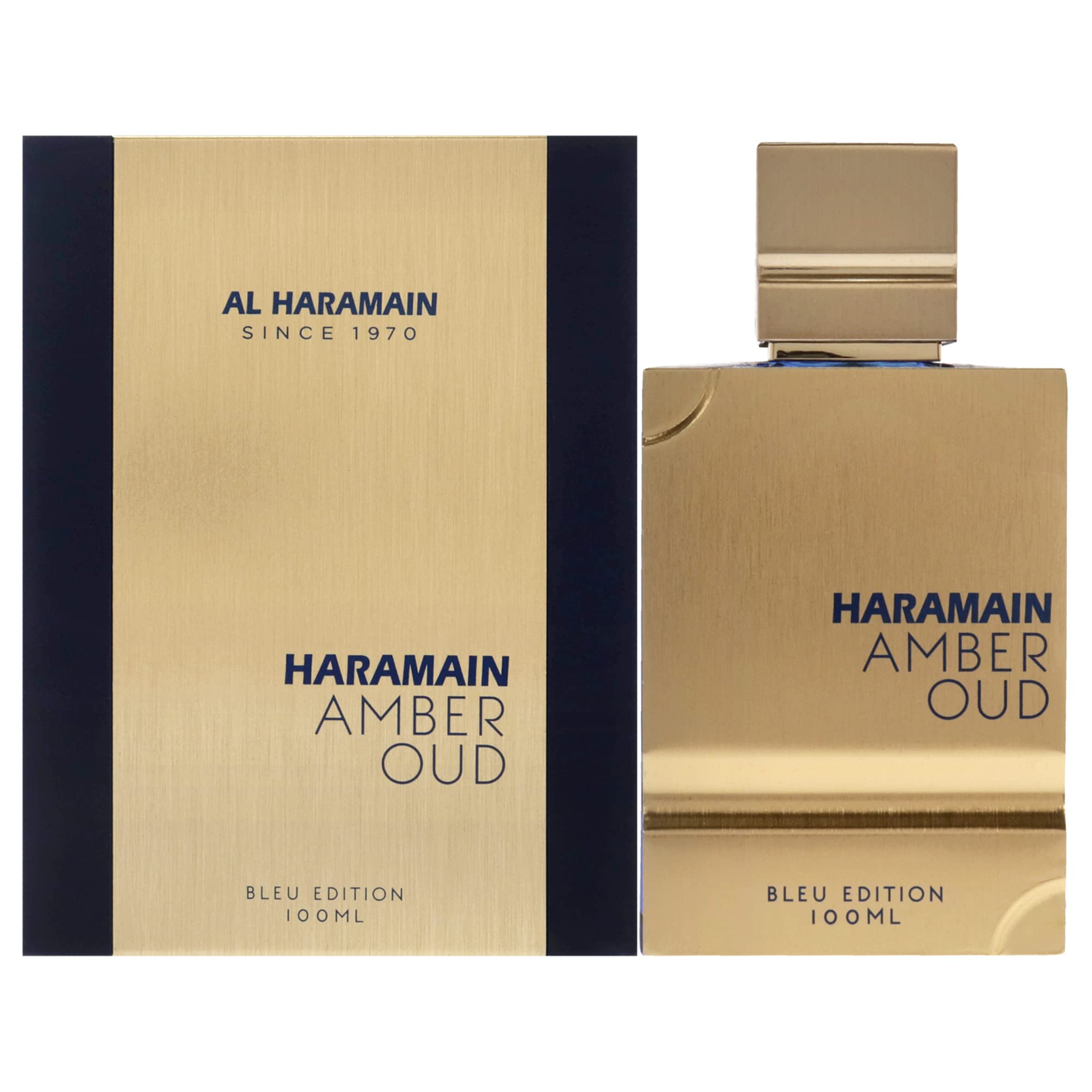 Al Haramain Amber Oud Blue Edition EDP bottle front, versatile unisex fragrance for daily wear.