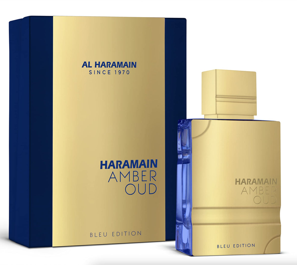 Al Haramain Amber Oud Blue Edition bottle with a fresh citrus opening and mint.