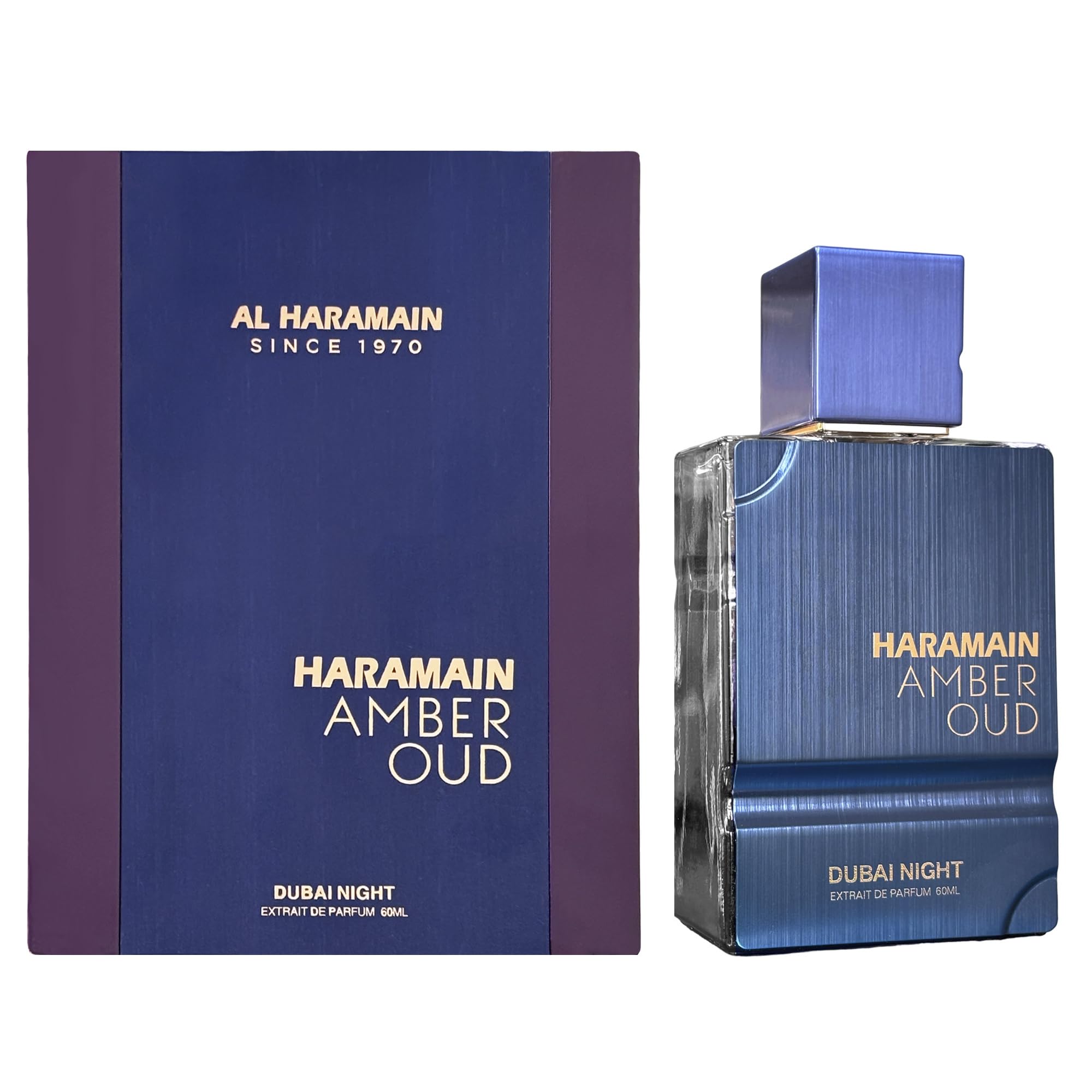 Al Haramain Amber Oud Dubai Night bottle on display for lasting evening scent