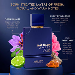 Al Haramain Amber Oud label closeup highlights luxe amber and citrus notes.
