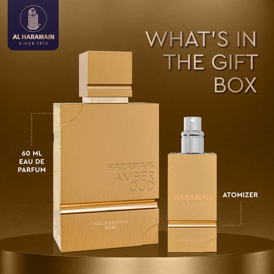 Al Haramain Amber Oud Gold Edition atomizer enables on-the-go scent touch-ups.