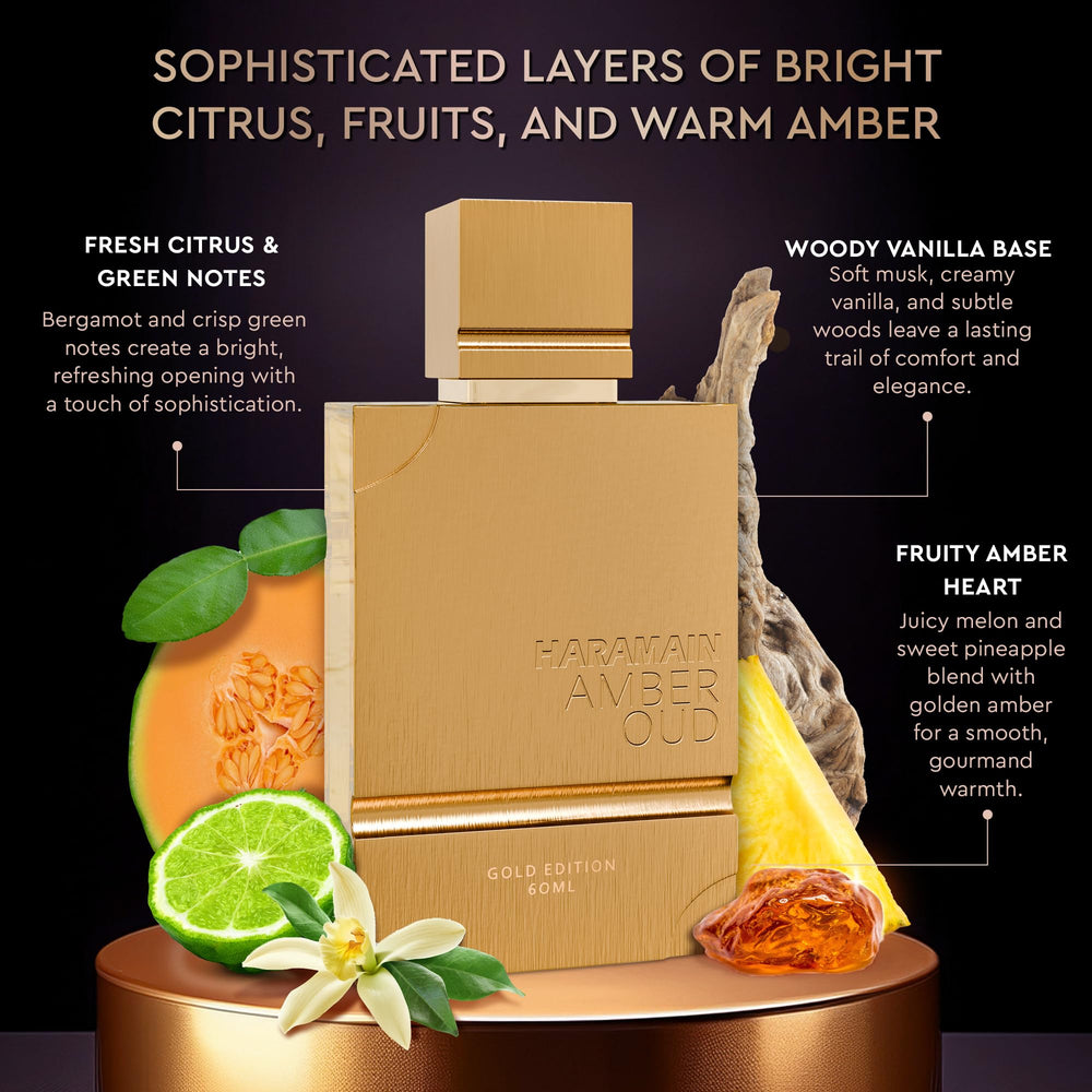 Closeup of Al Haramain Amber Oud Gold Edition detailing and luxury finish.