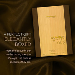 Gift set presentation of Al Haramain Amber Oud Oud Gold Edition for fragrance lovers.