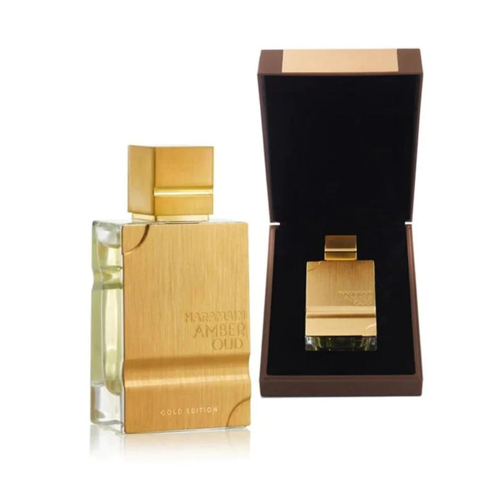 Al Haramain Amber Oud Gold Edition glass bottle on display evokes luxury and warmth.