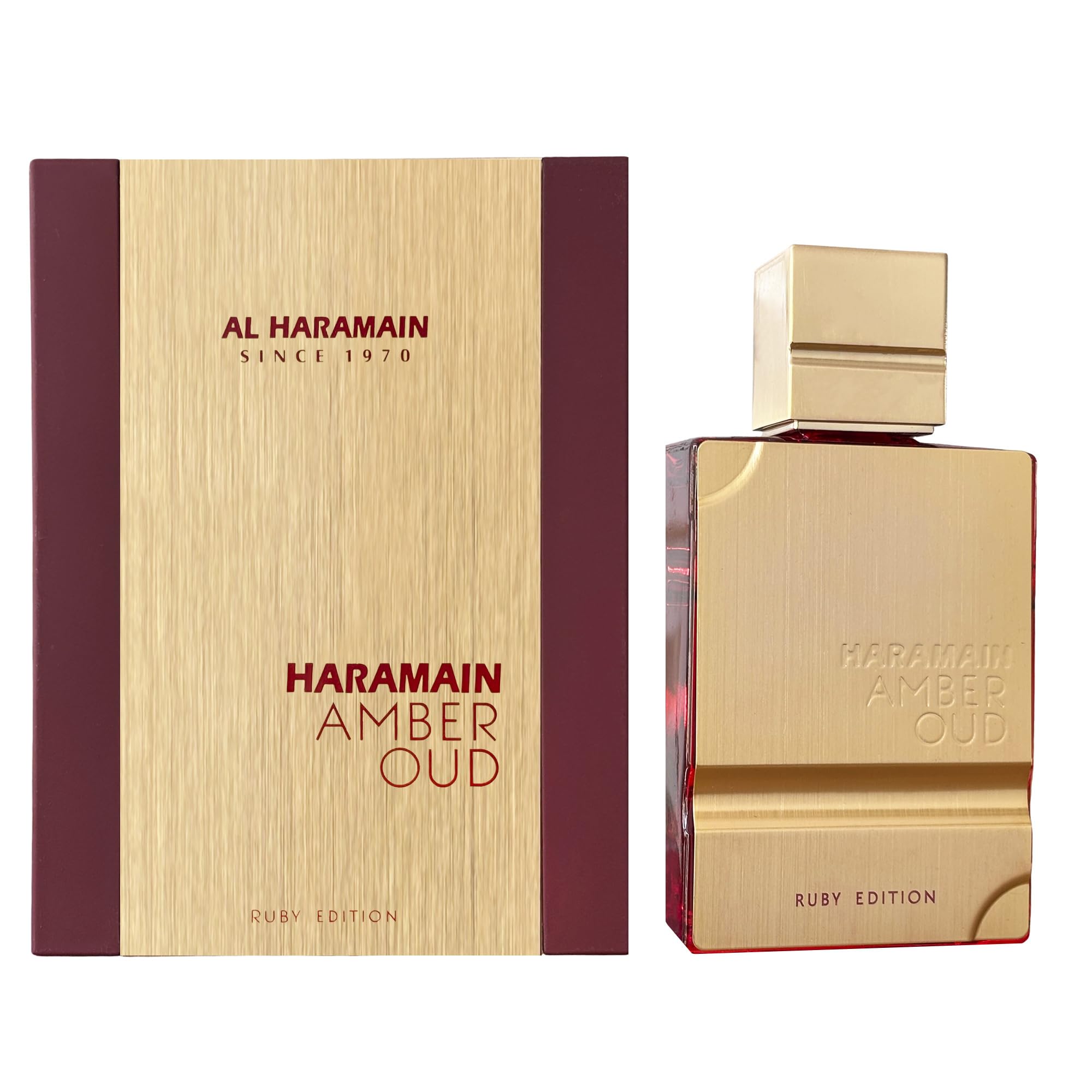 Al Haramain Amber Oud Ruby Edition bottle pour highlights warm, long-lasting aroma.