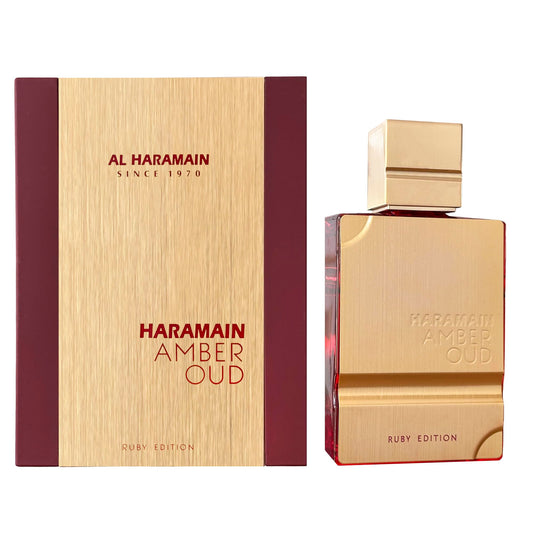 Al Haramain Amber Oud Ruby Edition bottle pour highlights warm, long-lasting aroma.