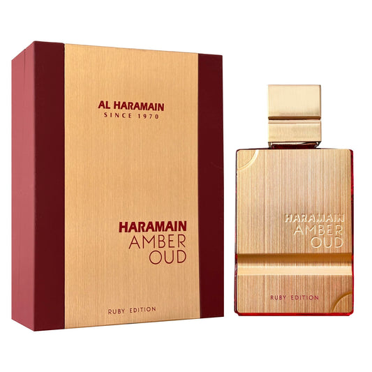 Al Haramain Amber Oud Ruby Edition close-up cap shows luxurious spicy opening.