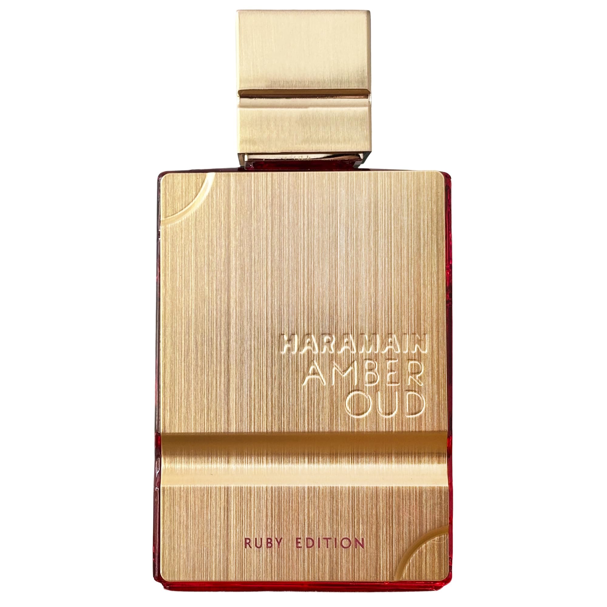 Al Haramain Amber Oud Ruby Edition packaging on display signals premium unisex scent.
